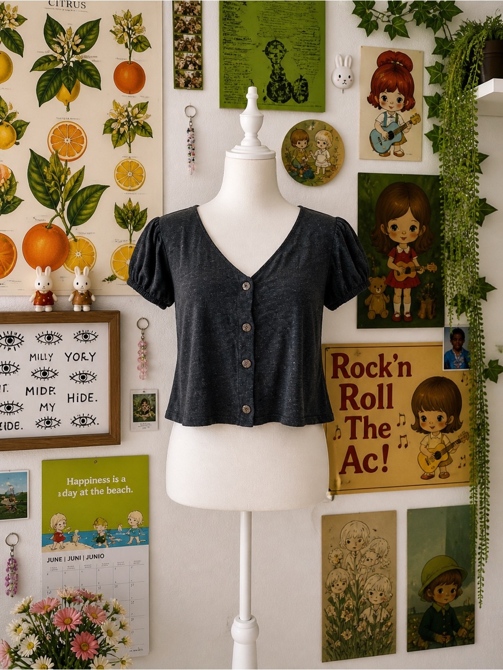 Women's Black Button-Front Short Sleeve Top